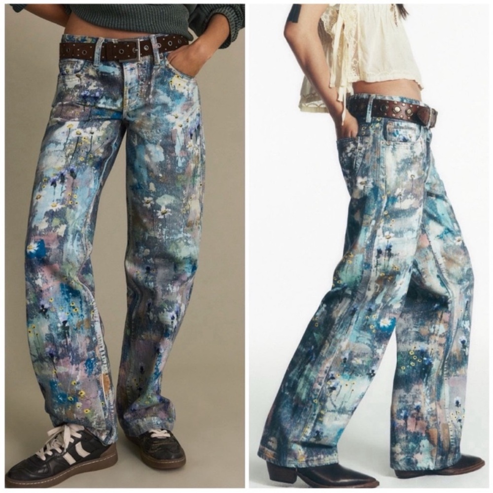 Free People Tennessee Low‎ Rise Illusion Jeans Womens 25 Hand Painted 90s Retro